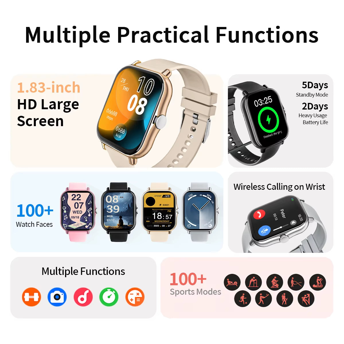 New Smartwatch BT Call Health&Sleep Monitoring 1.83''HD Screen Kids Smart Watch Waterproof Fashoin Sports Bracelet for Women Men