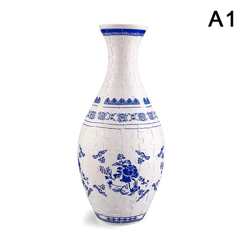3D Puzzle Vase DIY Assembly Creative Blue and White Porcelain Design Plastic Home Decoration Flower Arrangement Kids Toys Gifts