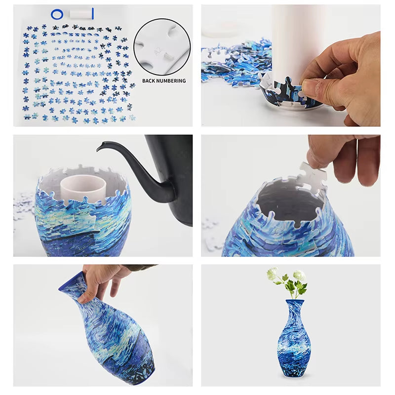 3D Puzzle Vase DIY Assembly Creative Blue and White Porcelain Design Plastic Home Decoration Flower Arrangement Kids Toys Gifts